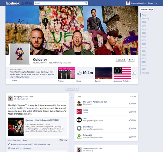 Facebook Pages for Coldplay